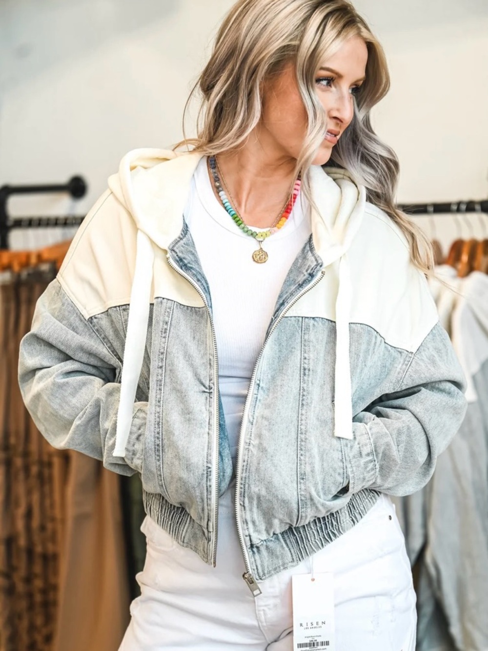 NWT RISEN Washed Gray & Cream Hooded Bomber Jacket - Picture 1 of 6
